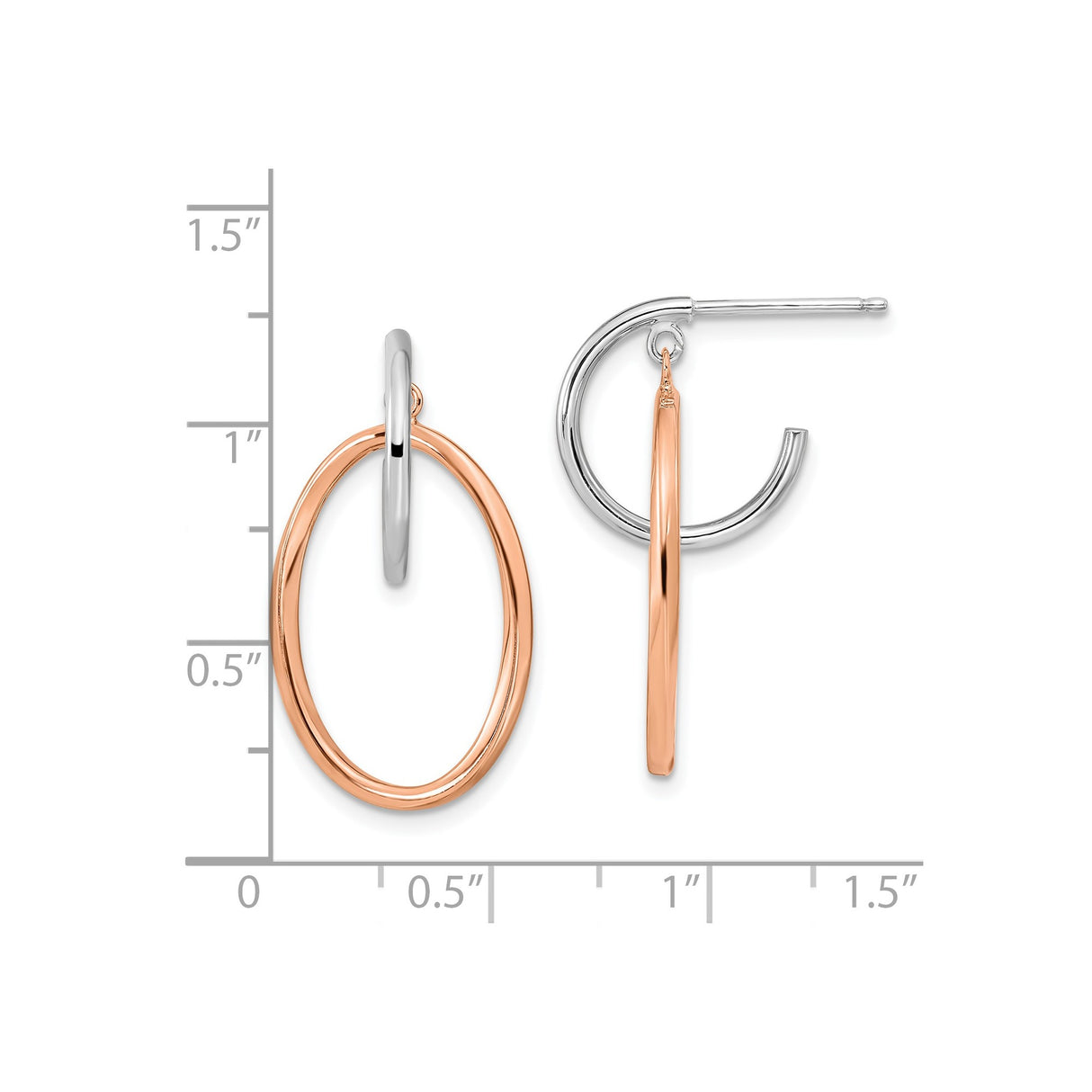 Sterling Silver Dangle Hoop Earrings with Rose Gold Interlocking Circles, Modern Geometric Design