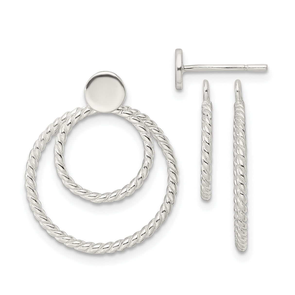 Sterling Silver Convertible Hoop Earrings with Polished Studs and Rope Texture
