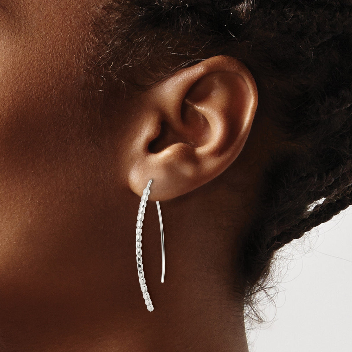 Sterling Silver Threader Earrings with Curved Bar Design and Diamond Cut Texture