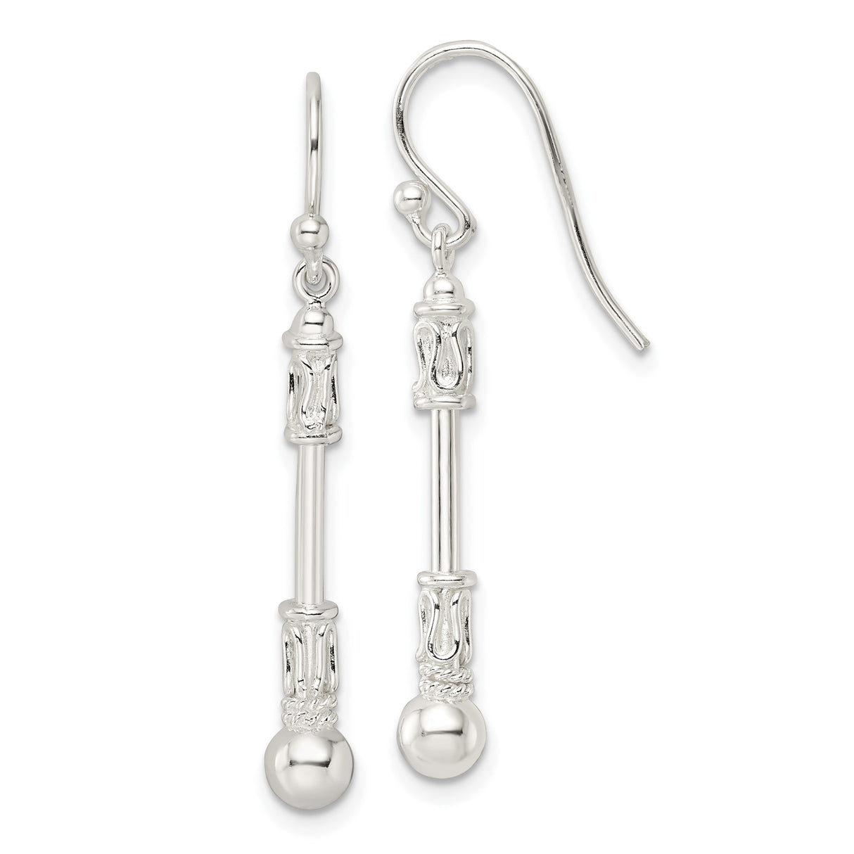 Sterling Silver Dangle Earrings with Elongated Bar and Floral Filigree Design