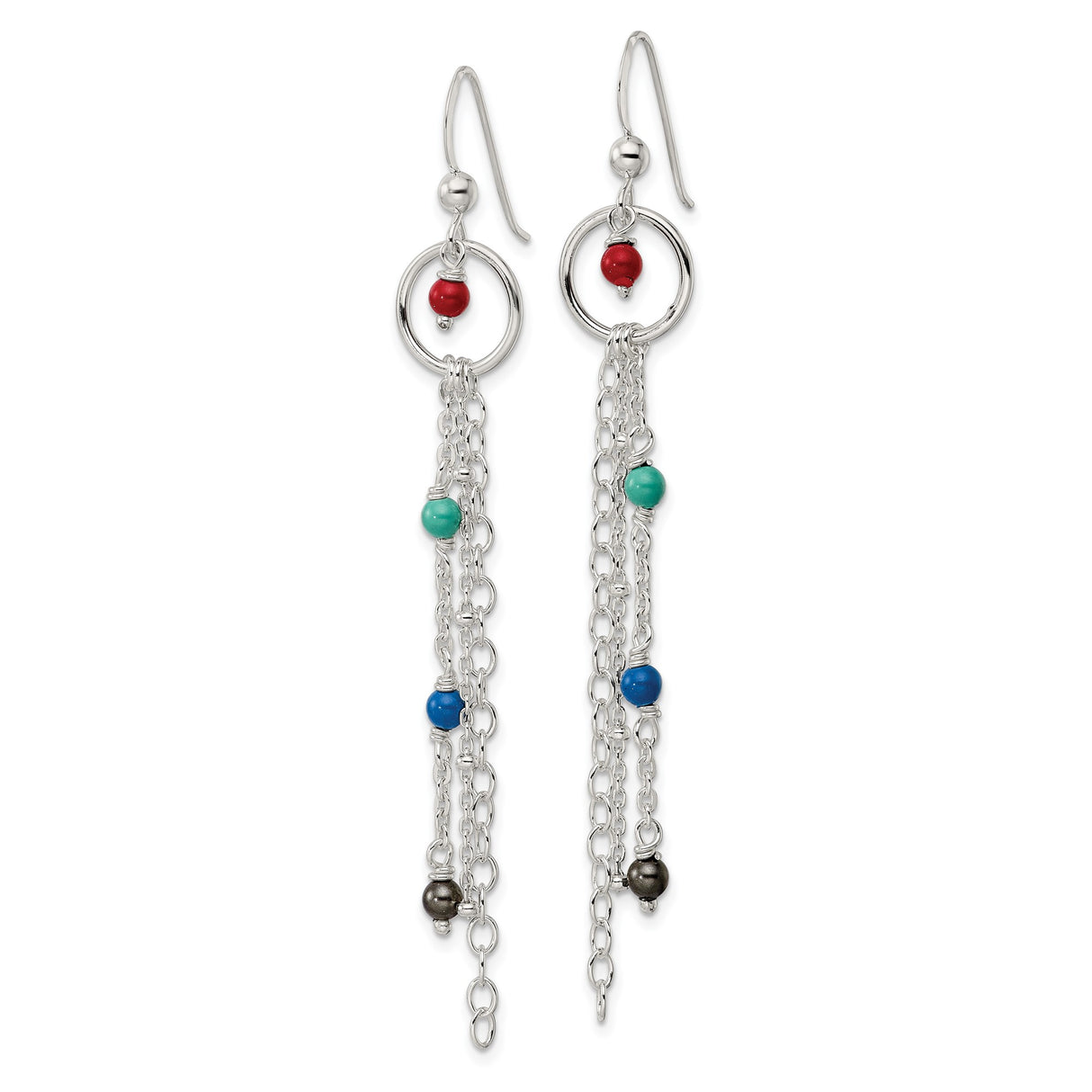 Sterling Silver Dangle Earrings with Glass Beads, Layered Chains, Boho Multicolor Design