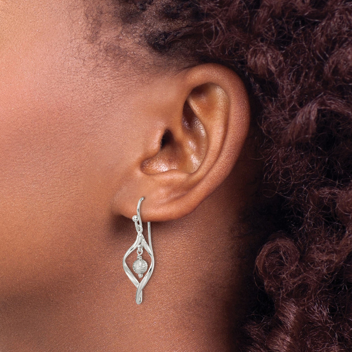 Sterling Silver Dangle Earrings with Open Marquise Twist and Textured Bead Drop Design