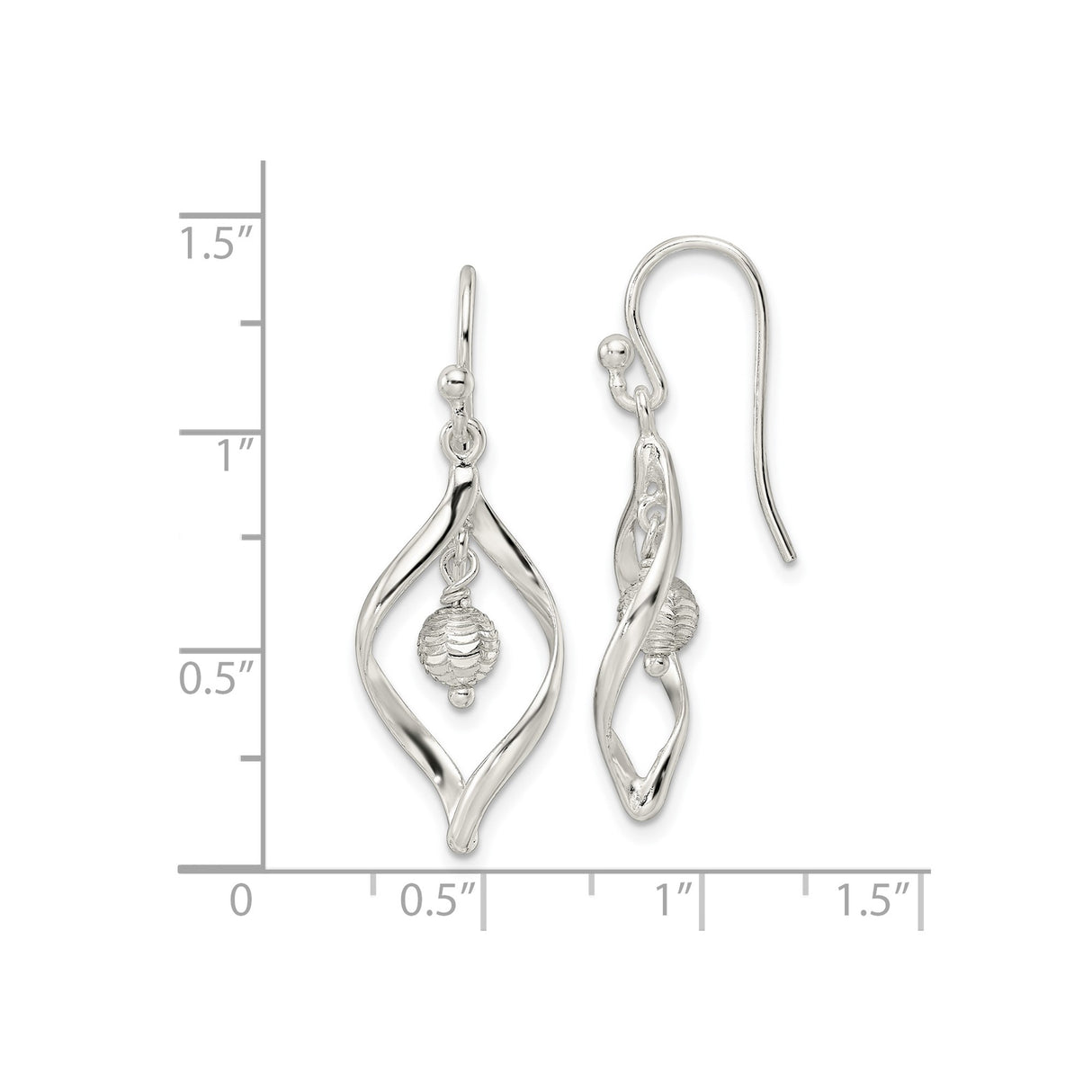 Sterling Silver Dangle Earrings with Open Marquise Twist and Textured Bead Drop Design