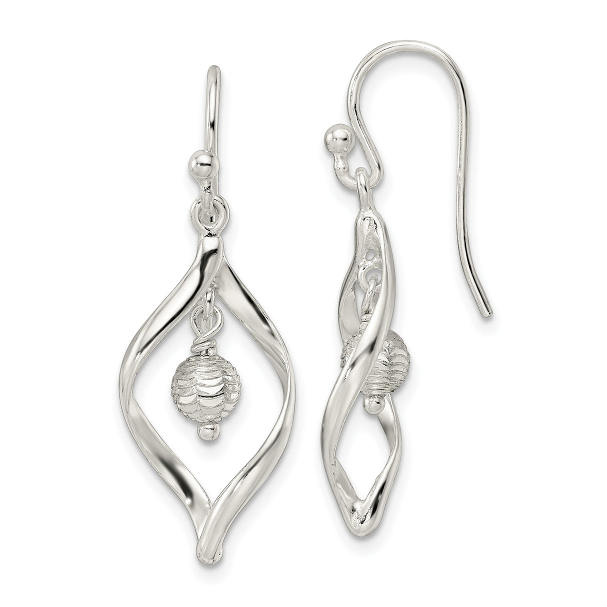Sterling Silver Dangle Earrings with Open Marquise Twist and Textured Bead Drop Design