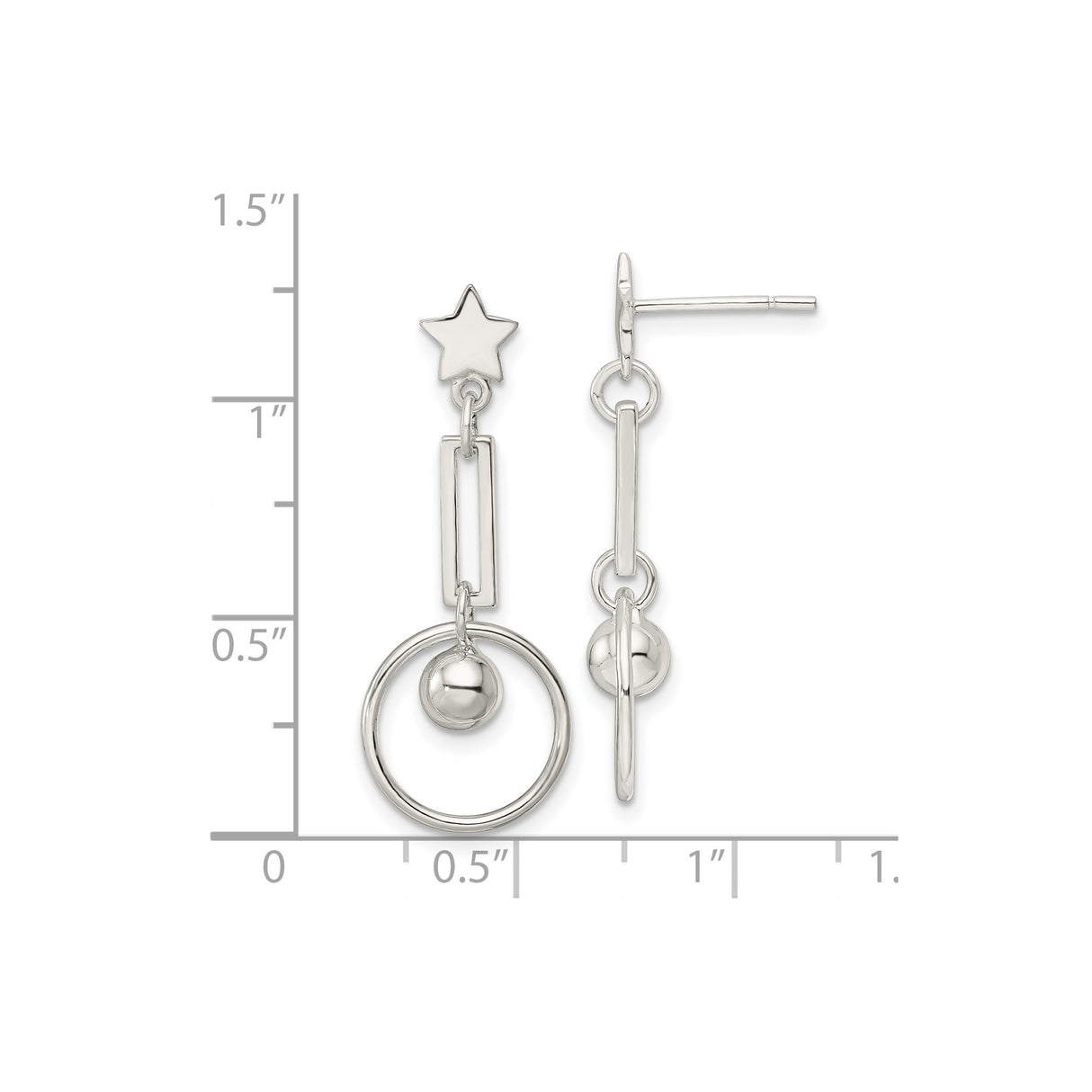 Sterling Silver Dangle Earrings with Geometric Star Stud and Minimalist Abstract Shapes