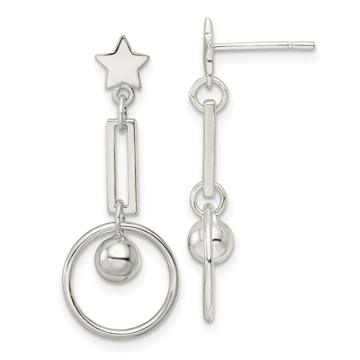 Sterling Silver Dangle Earrings with Geometric Star Stud and Minimalist Abstract Shapes
