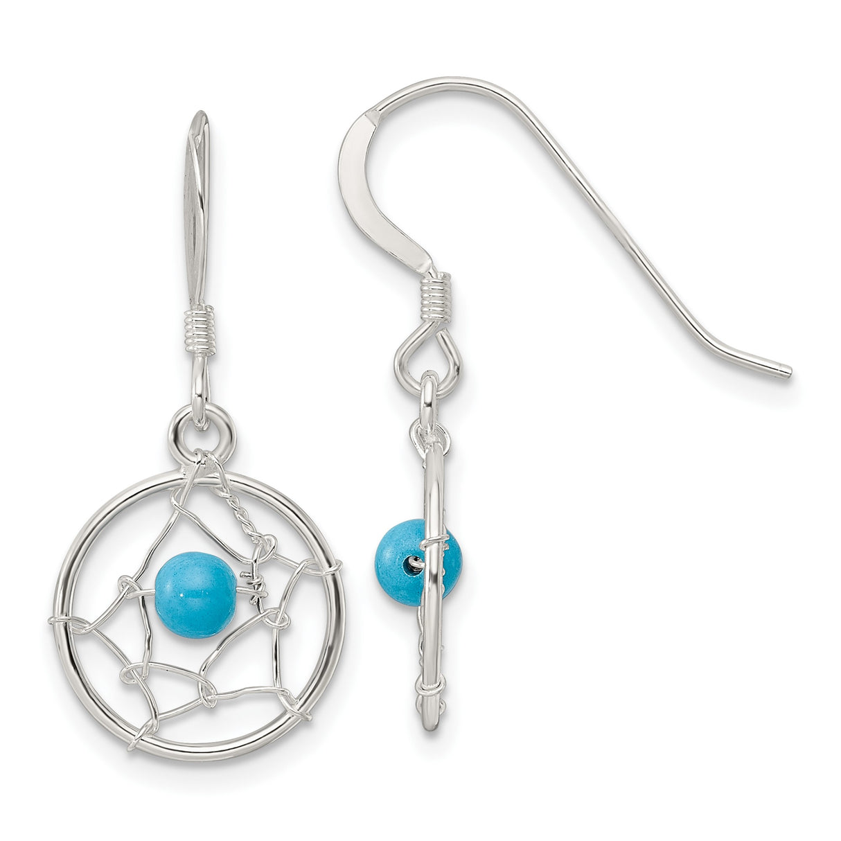 Sterling Silver Dreamcatcher Dangle Earrings with Turquoise Bead, Boho Tribal Style