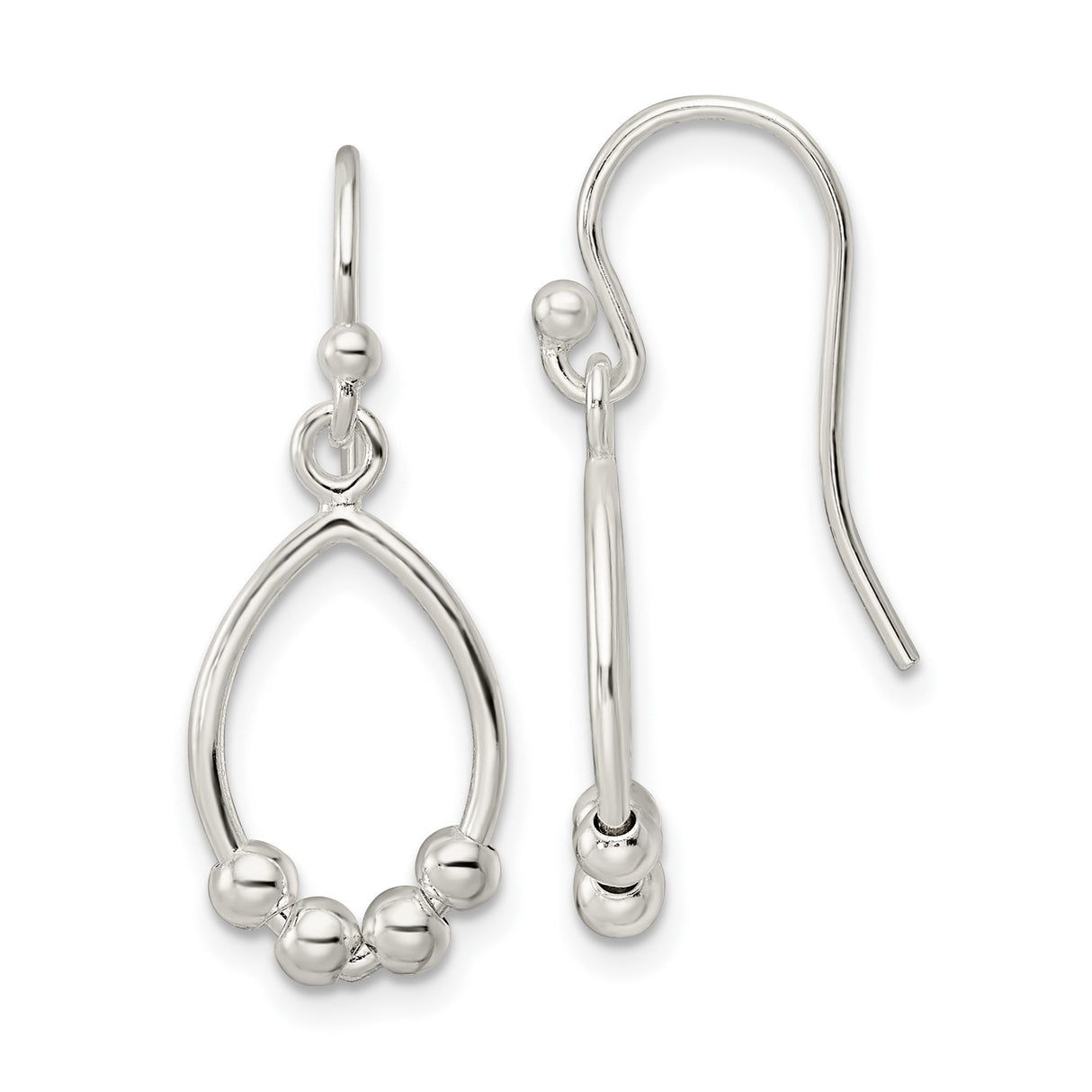 Sterling Silver Dangle Earrings, Open Teardrop Design with Polished Beads, Minimalist Style