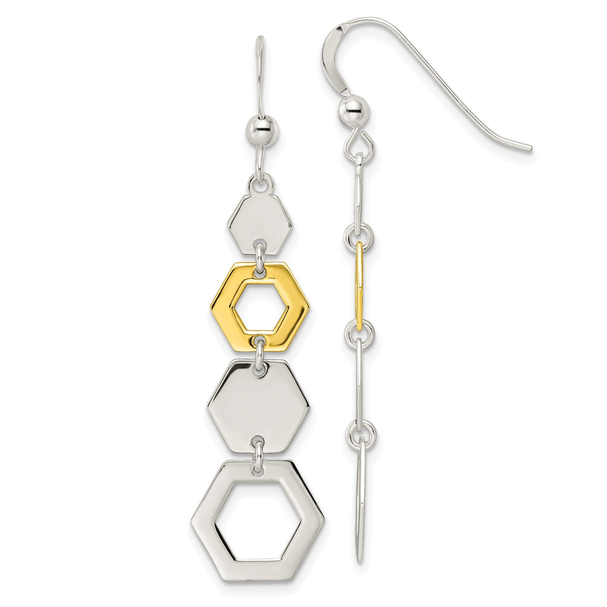 Sterling Silver Dangle Earrings with Hexagon Design and Gold Plated Accent