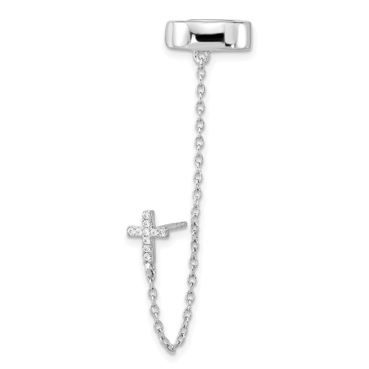 Sterling Silver Cross Pendant and Cuff Earring Set with Cubic Zirconia, Chain Drop Design, Unisex Style
