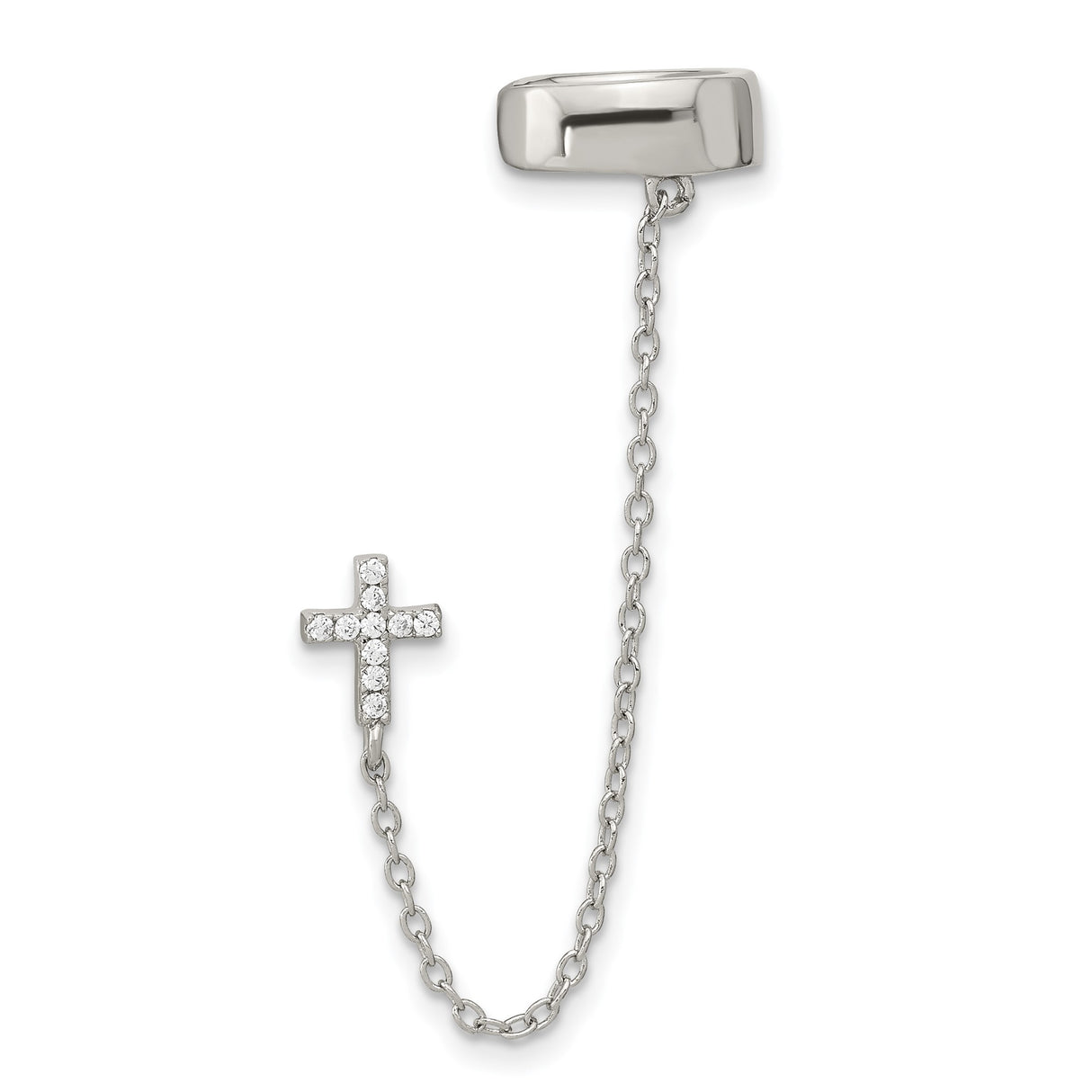 Sterling Silver Cross Pendant and Cuff Earring Set with Cubic Zirconia, Chain Drop Design, Unisex Style