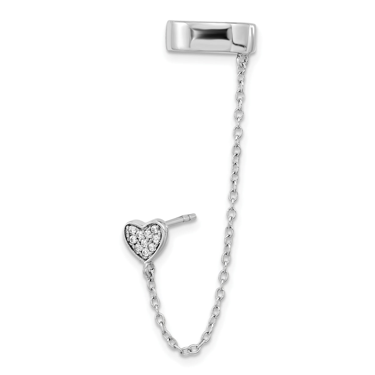 Sterling Silver Ear Cuff with Cubic Zirconia Heart Charm and Chain Dangle for Women