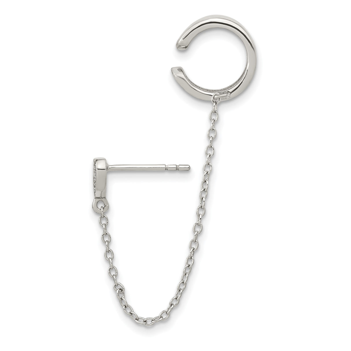Sterling Silver Ear Cuff with Cubic Zirconia Heart Charm and Chain Dangle for Women
