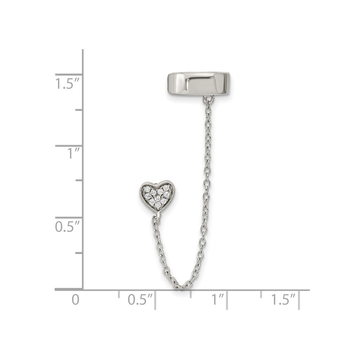 Sterling Silver Ear Cuff with Cubic Zirconia Heart Charm and Chain Dangle for Women