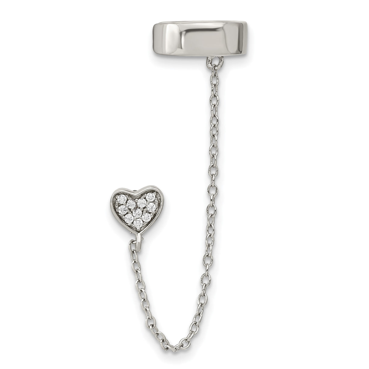 Sterling Silver Ear Cuff with Cubic Zirconia Heart Charm and Chain Dangle for Women