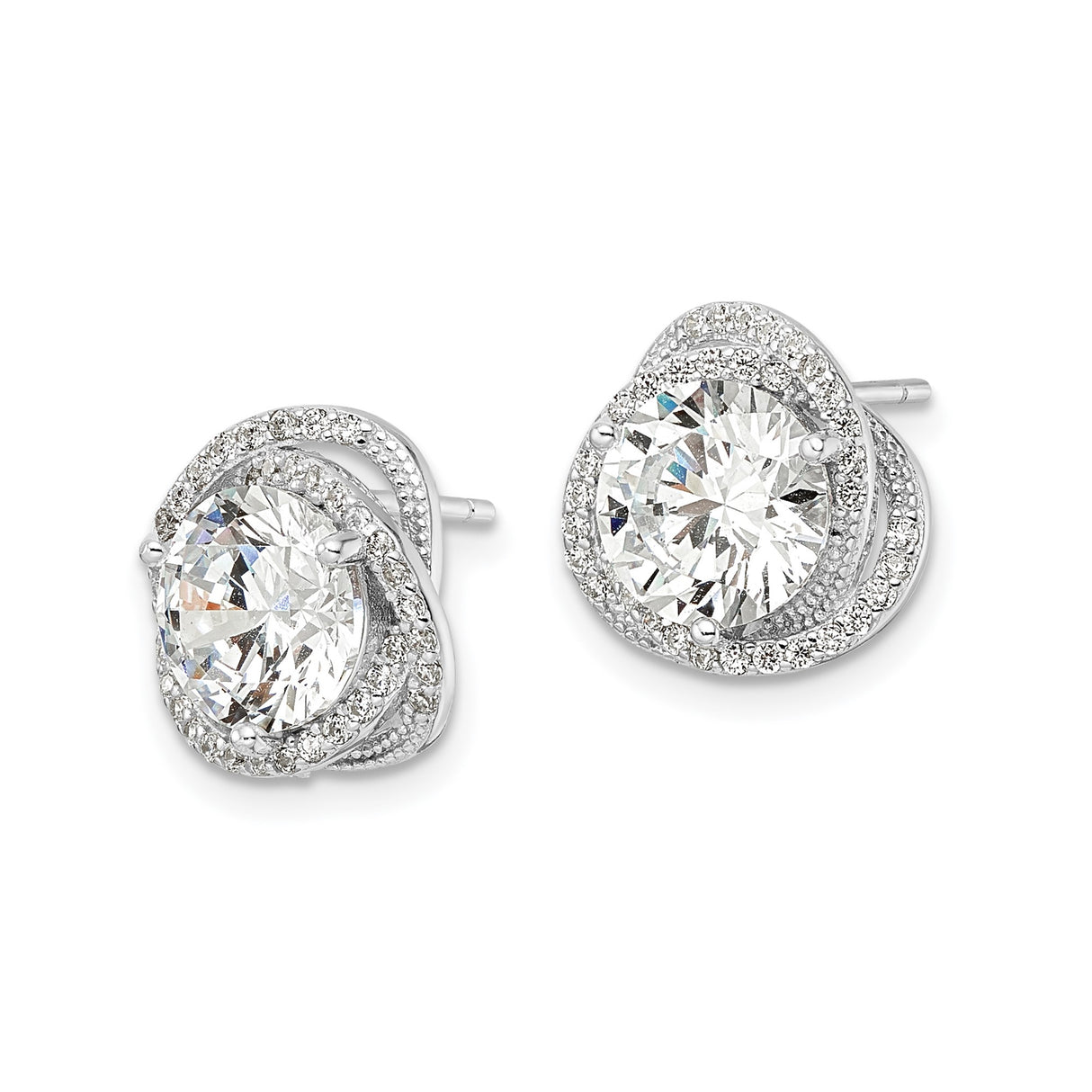 Sterling Silver Stud Earrings with Large Round Cubic Zirconia, Twisted Loop and Halo Design