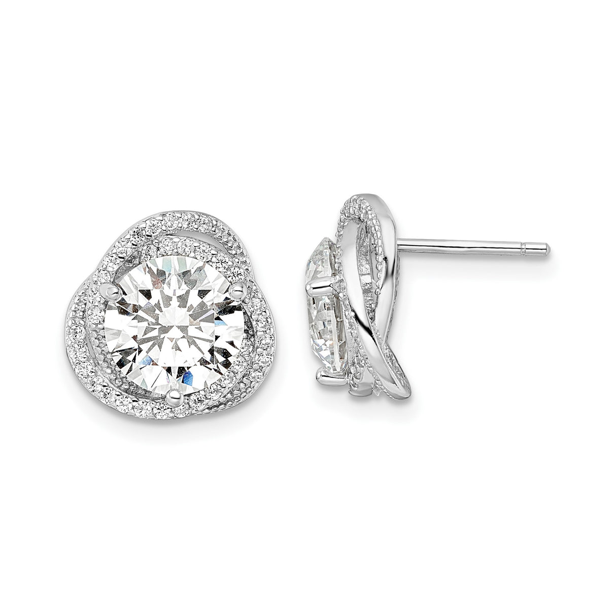 Sterling Silver Stud Earrings with Large Round Cubic Zirconia, Twisted Loop and Halo Design