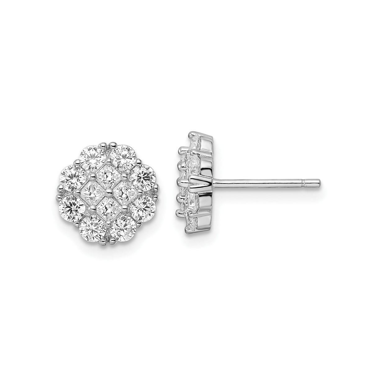 Sterling Silver Stud Earrings with Cubic Zirconia, Floral Cluster Design
