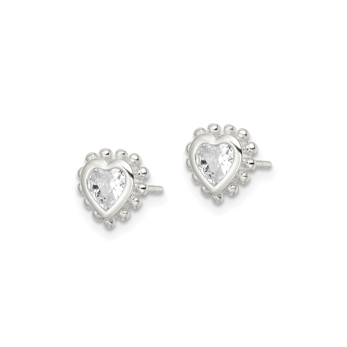 Sterling Silver Heart Stud Earrings with Cubic Zirconia and Beaded Border