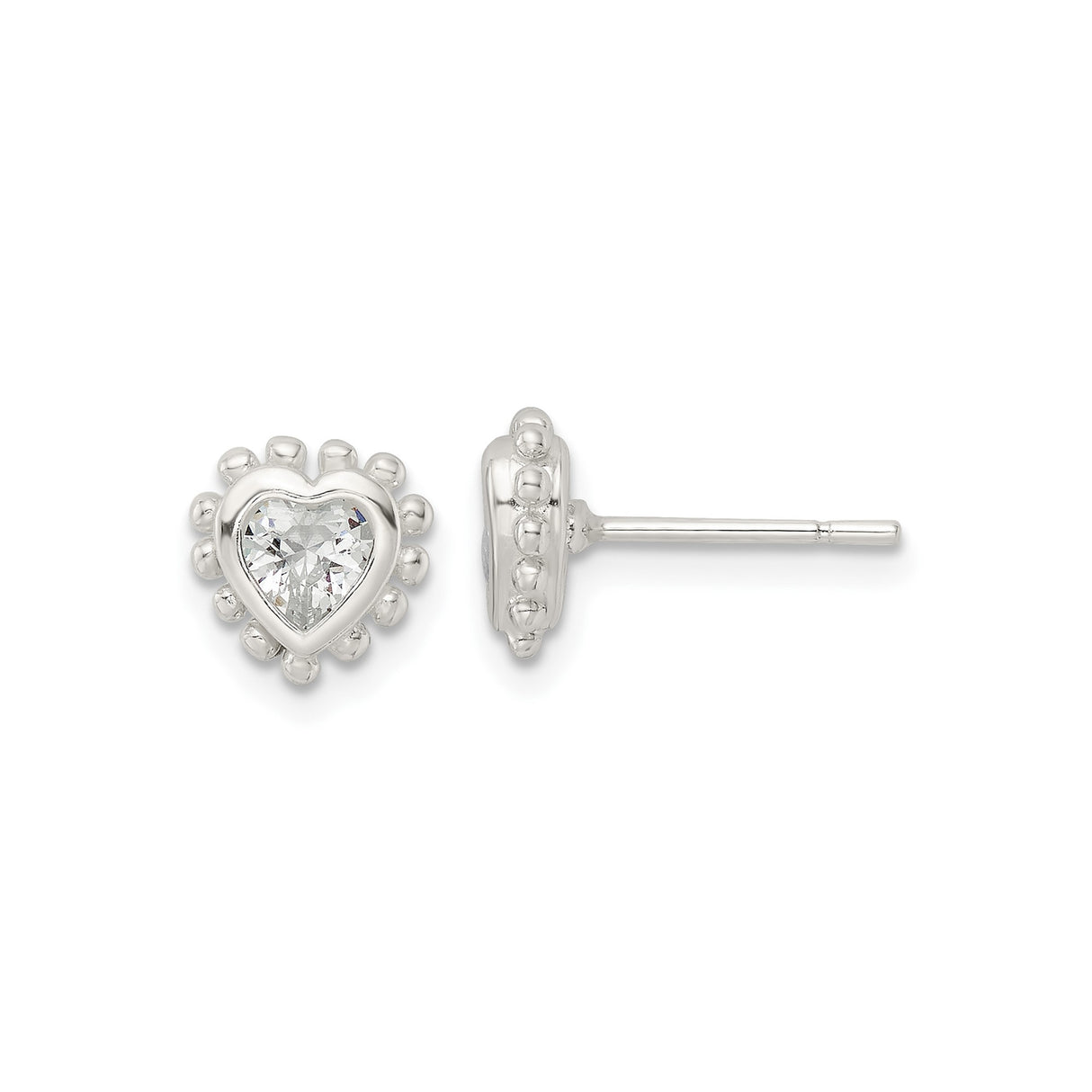 Sterling Silver Heart Stud Earrings with Cubic Zirconia and Beaded Border