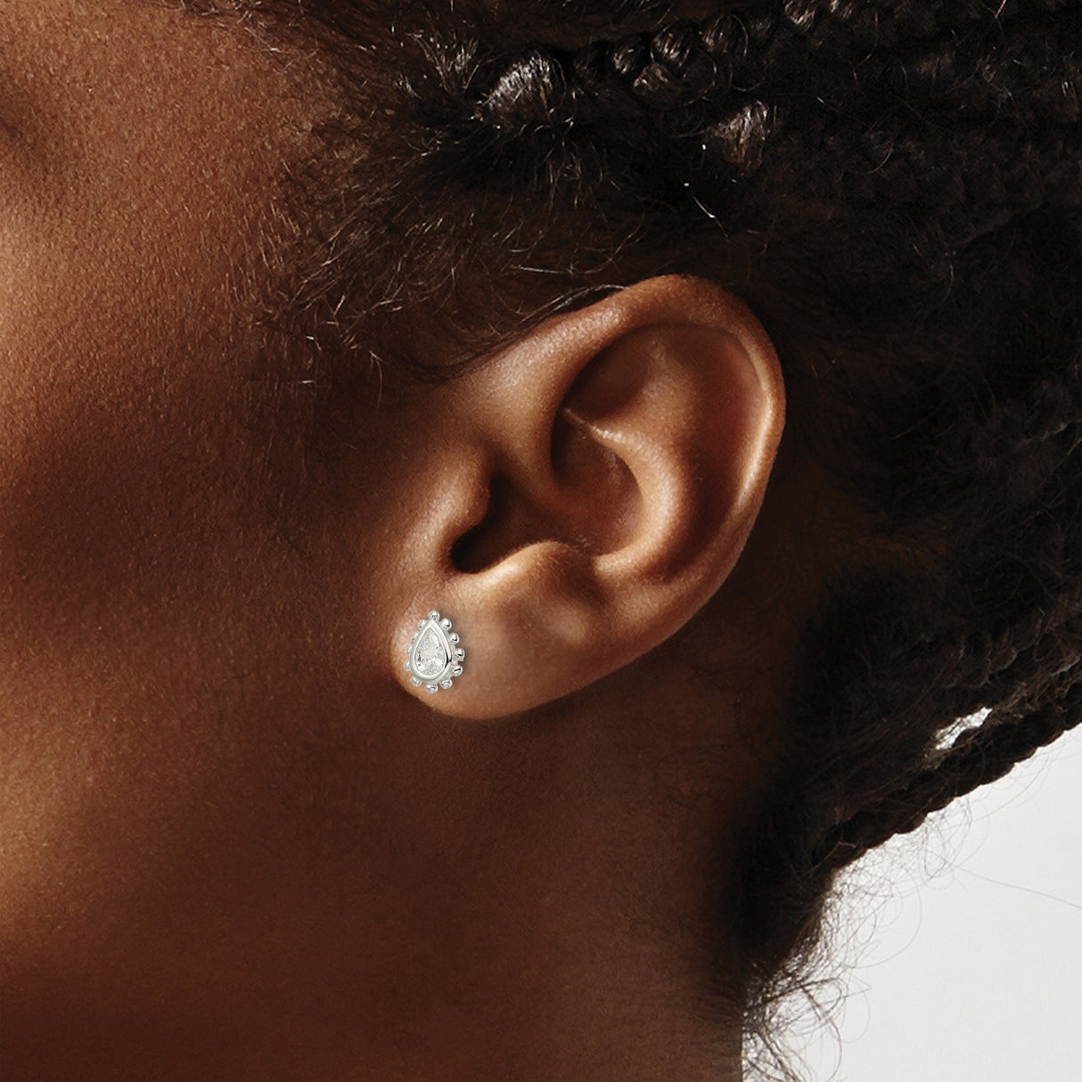 Sterling Silver Teardrop Stud Earrings with Cubic Zirconia and Beaded Edge Design