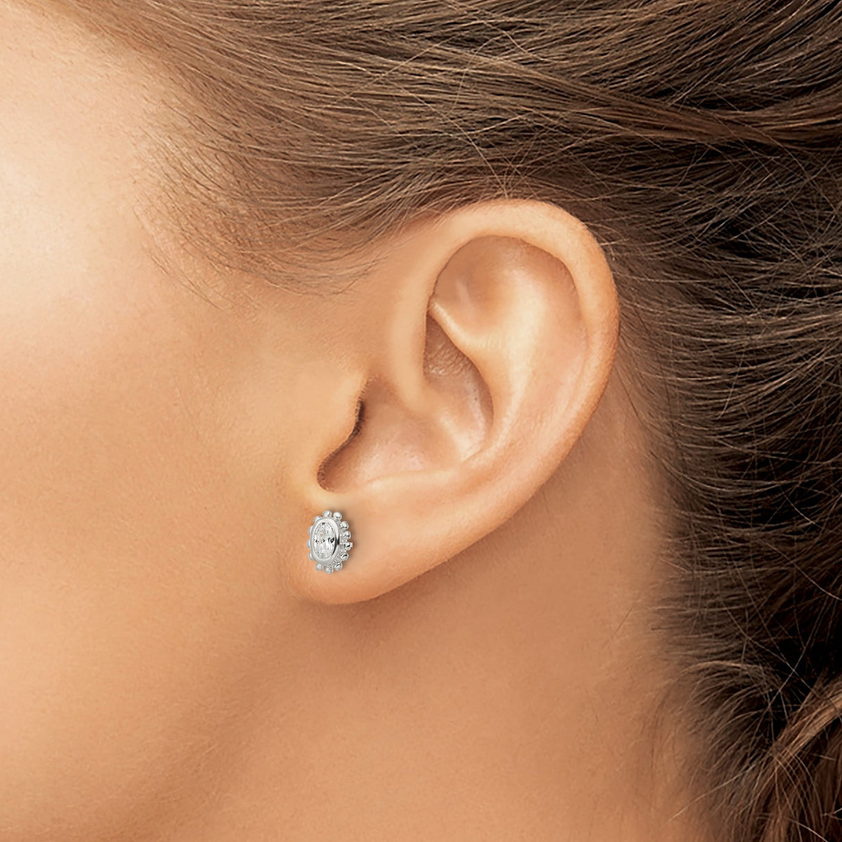 Sterling Silver Oval Stud Earrings with Cubic Zirconia and Beaded Halo Design