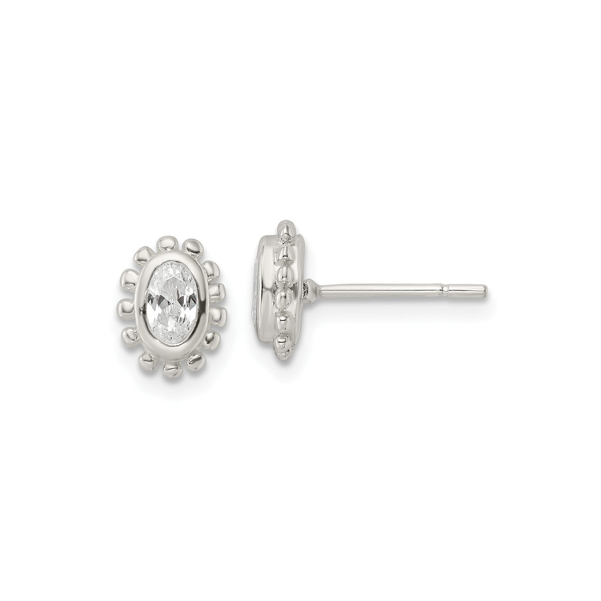 Sterling Silver Oval Stud Earrings with Cubic Zirconia and Beaded Halo Design