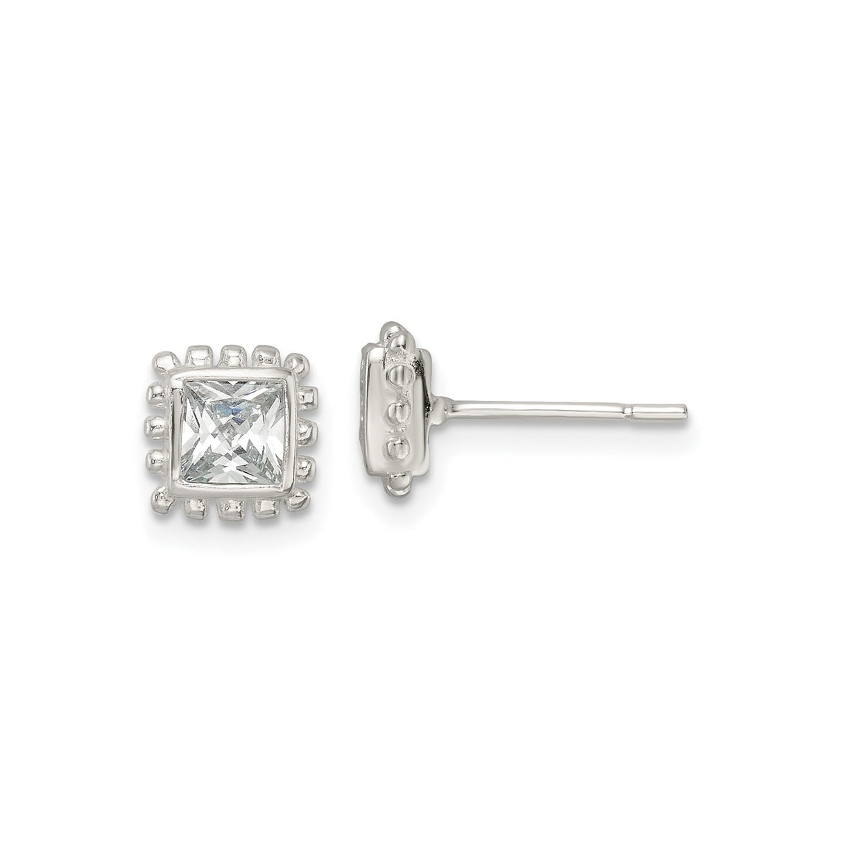 Sterling Silver Square Stud Earrings with Princess Cut Cubic Zirconia, Beaded Edge Design