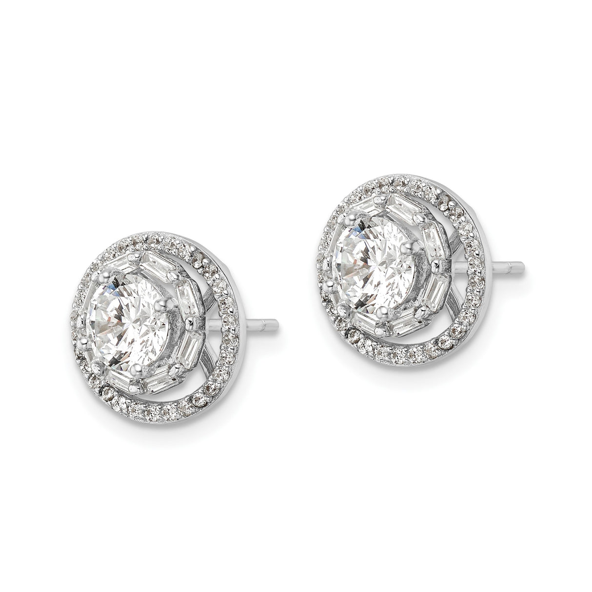 Sterling Silver Halo Stud Earrings with Round Cut Cubic Zirconia and Baguette Pave Setting
