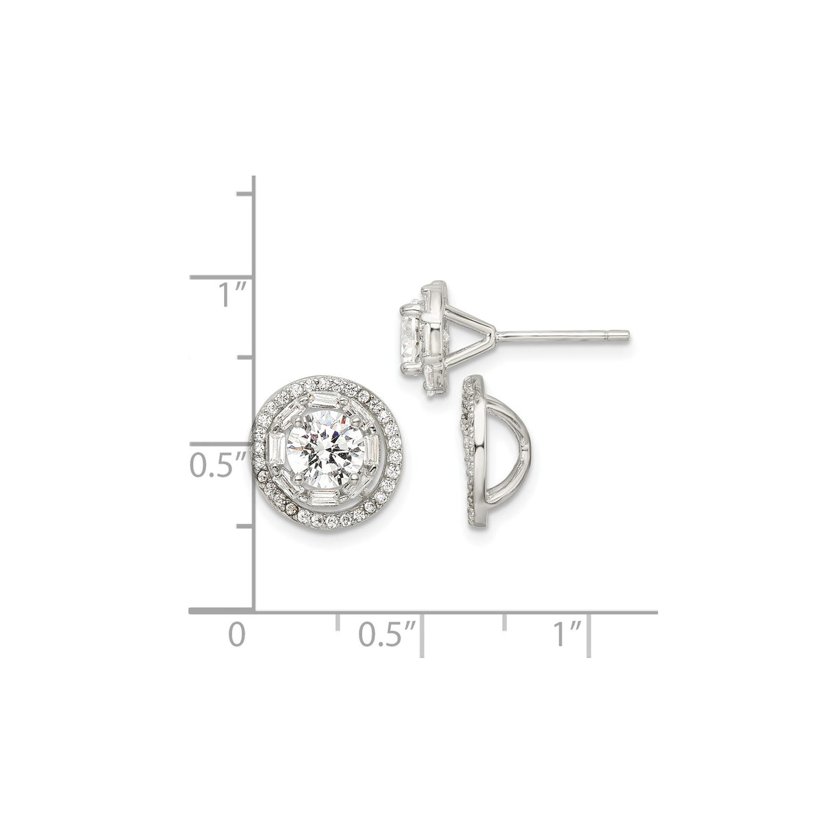 Sterling Silver Halo Stud Earrings with Round Cut Cubic Zirconia and Baguette Pave Setting