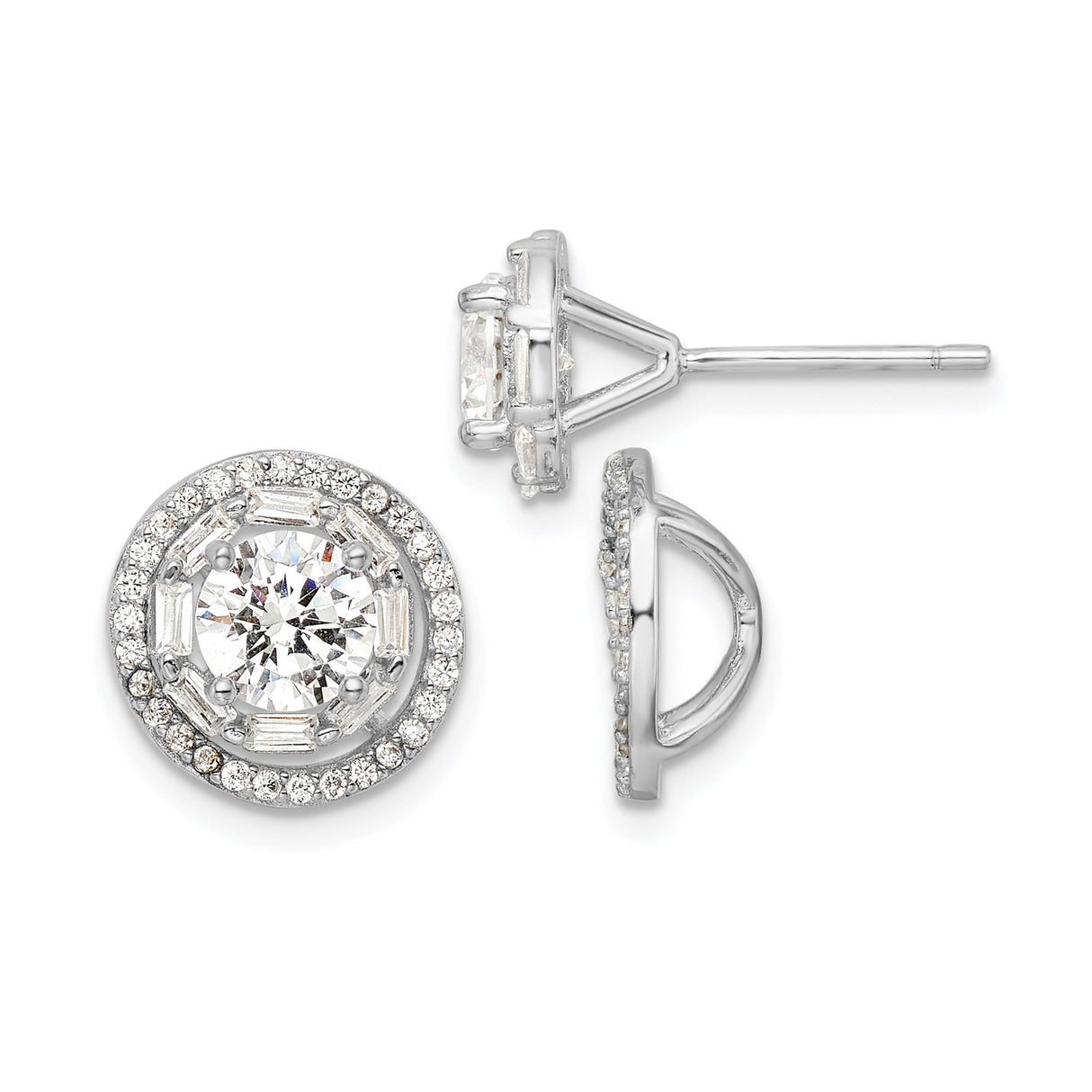 Sterling Silver Halo Stud Earrings with Round Cut Cubic Zirconia and Baguette Pave Setting
