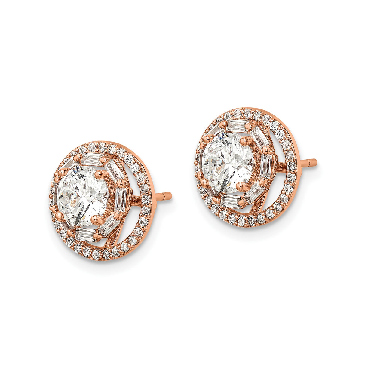 Sterling Silver Halo Stud Earrings with Cubic Zirconia and Baguette Accents