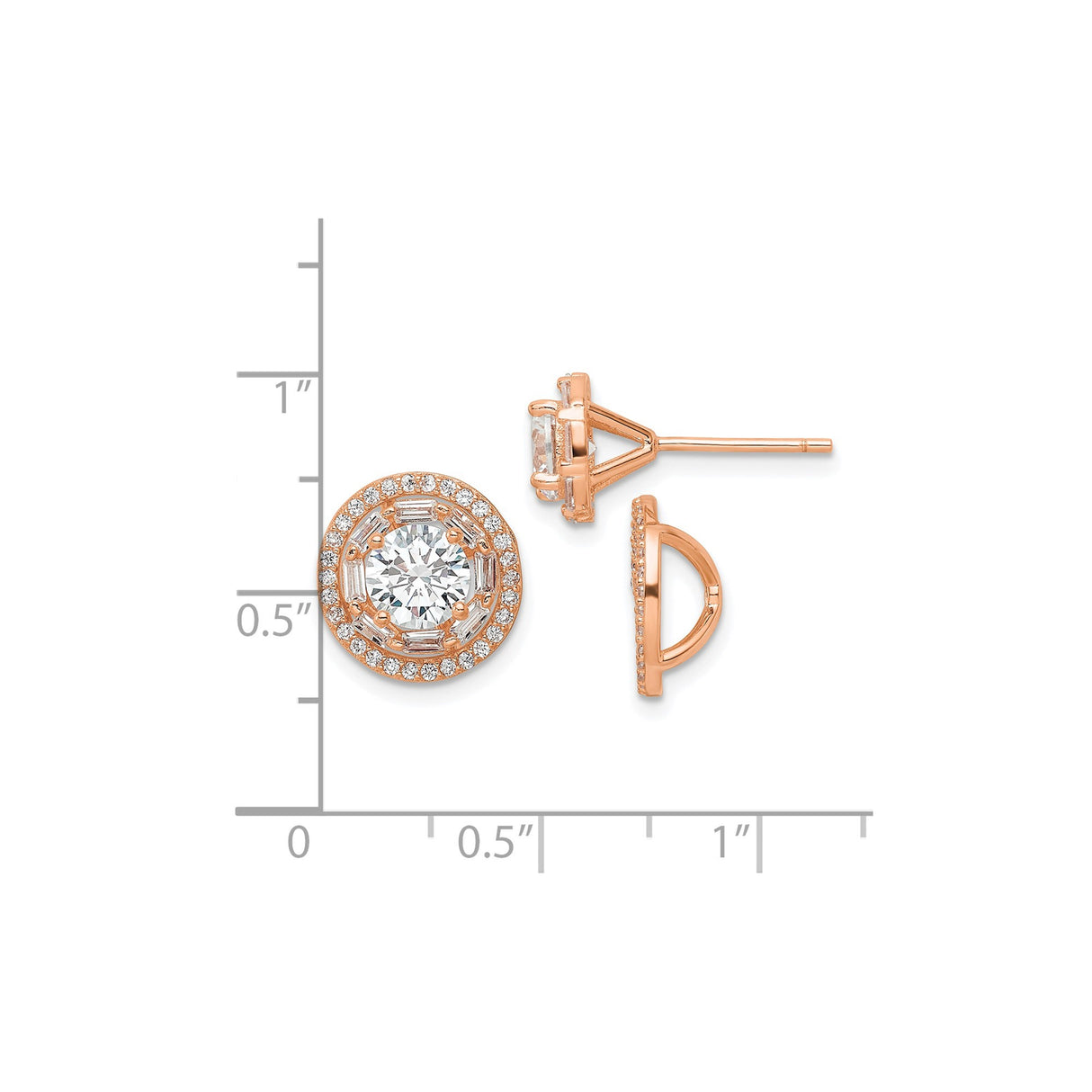 Sterling Silver Halo Stud Earrings with Cubic Zirconia and Baguette Accents