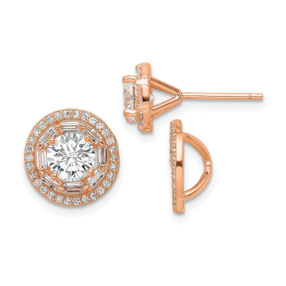 Sterling Silver Halo Stud Earrings with Cubic Zirconia and Baguette Accents