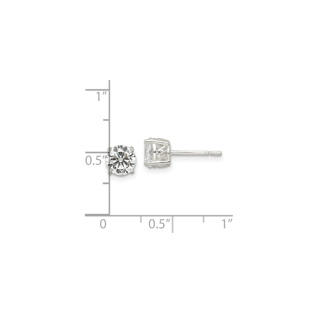 Sterling Silver Stud Earrings with Round Cut Cubic Zirconia, Four Prong Setting, Heart Detail