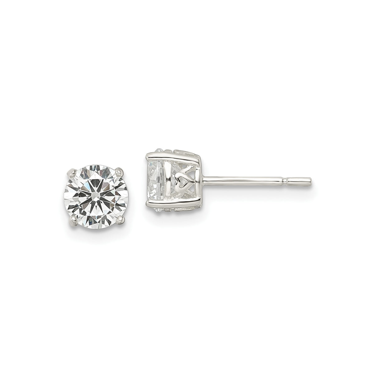 Sterling Silver Stud Earrings with Round Cut Cubic Zirconia, Four Prong Setting, Heart Detail