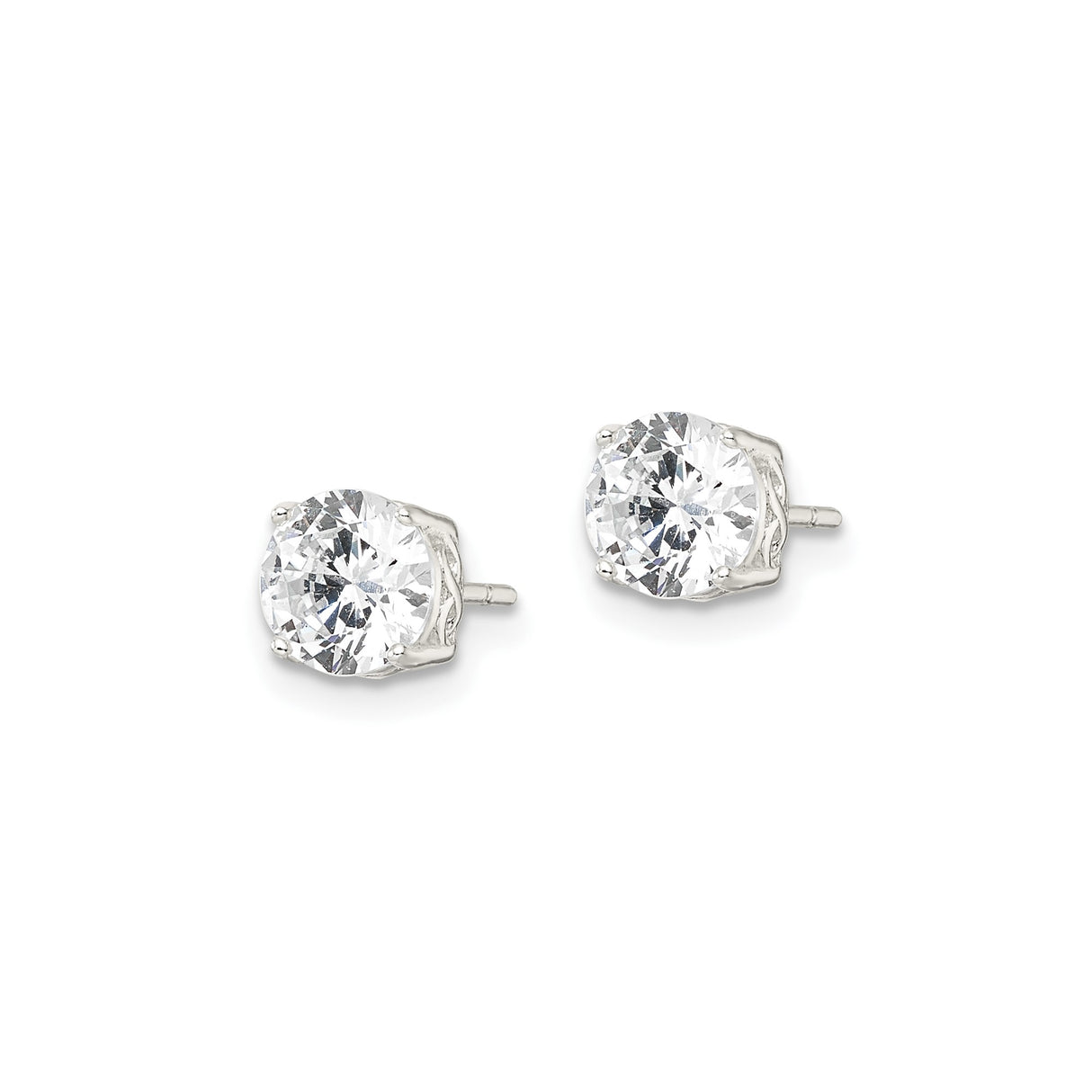 Sterling Silver Stud Earrings with Round Cubic Zirconia, Four Prong Setting, Filigree Basket Design