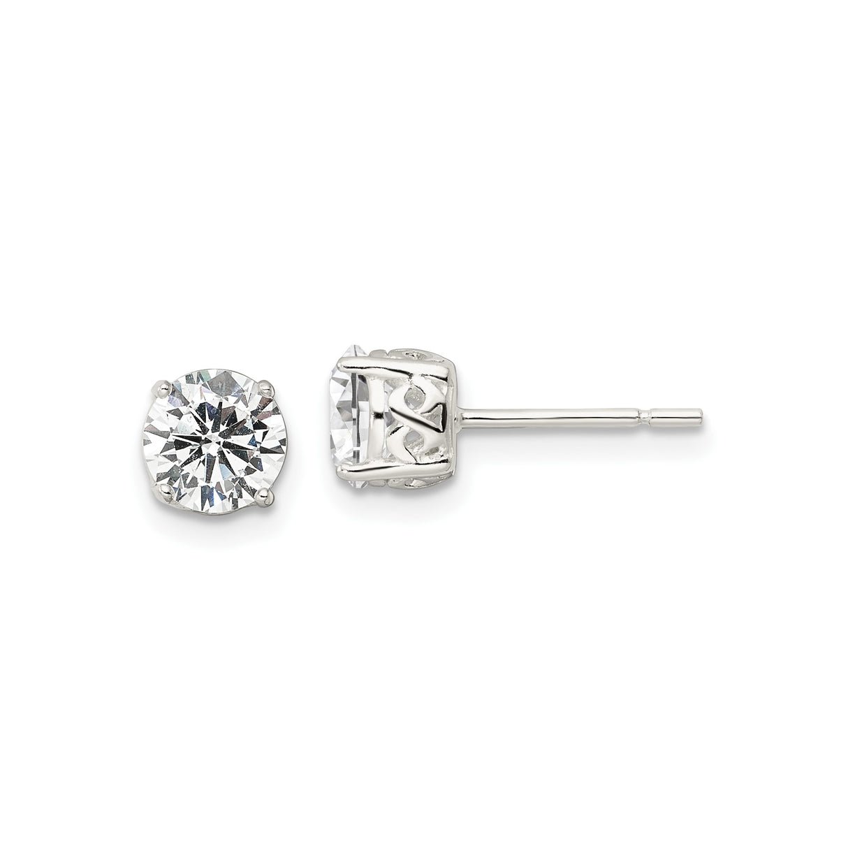 Sterling Silver Stud Earrings with Round Cubic Zirconia, Four Prong Setting, Filigree Basket Design