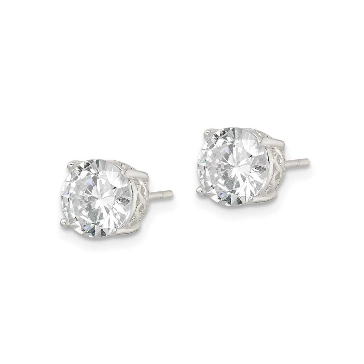 Sterling Silver Stud Earrings with Round Cubic Zirconia, Solitaire Four-Prong Setting, Minimalist Style