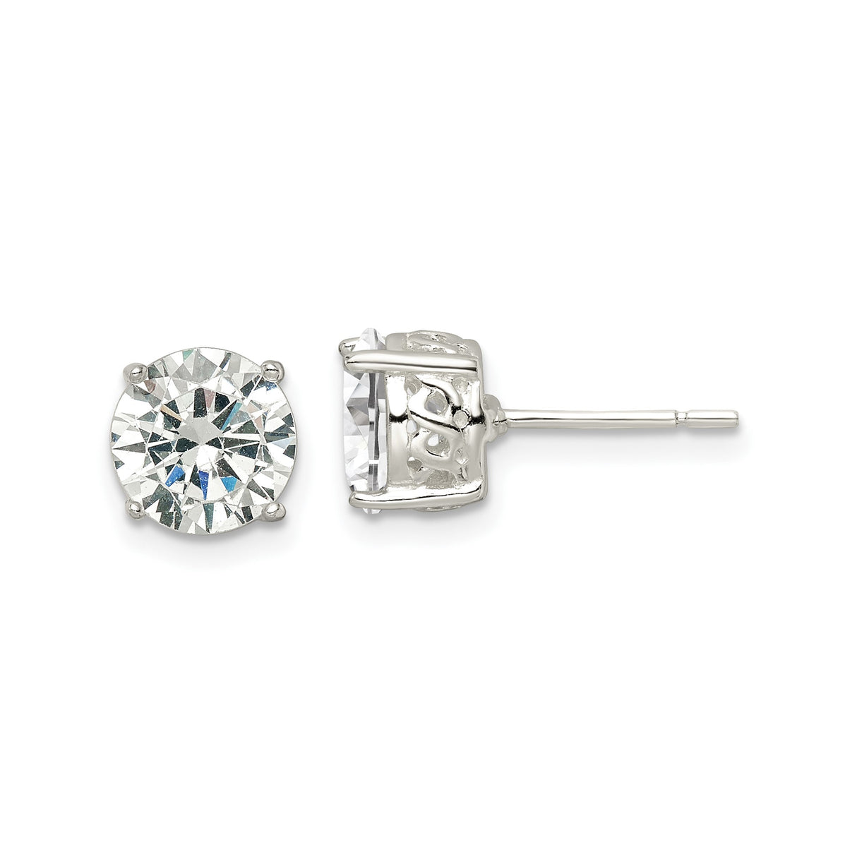 Sterling Silver Stud Earrings with Round Cubic Zirconia, Solitaire Four-Prong Setting, Minimalist Style