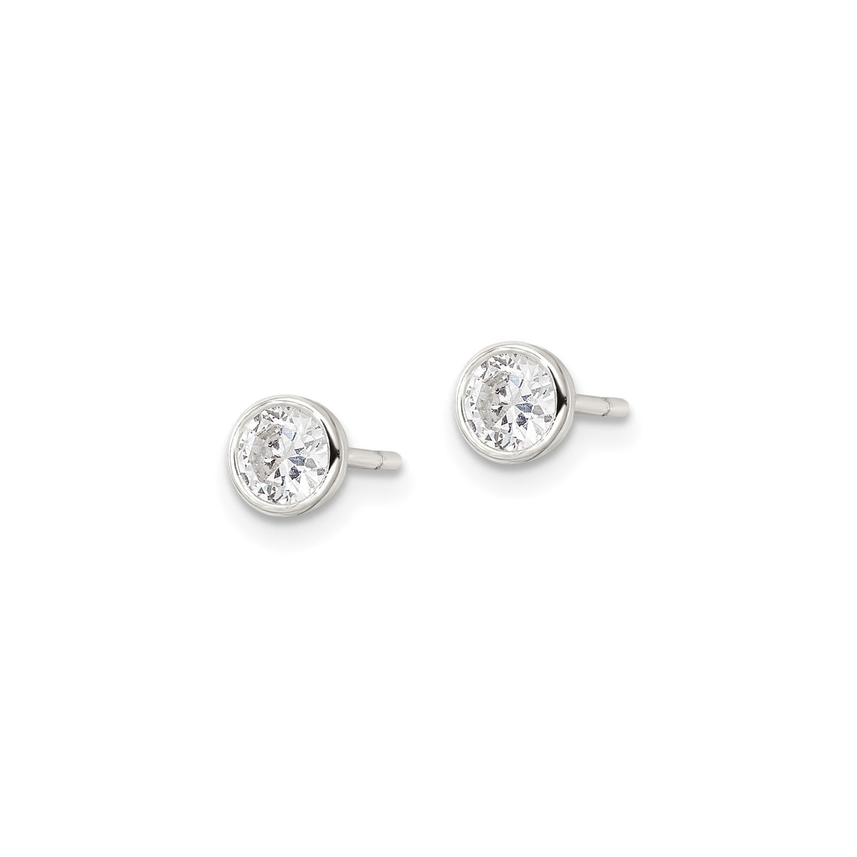 Sterling Silver Stud Earrings with Round Cut Cubic Zirconia in Bezel Setting, Minimalist Design