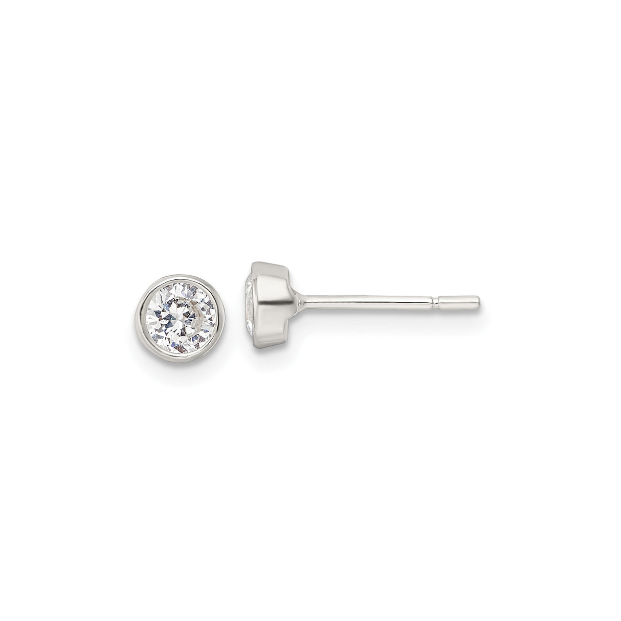 Sterling Silver Stud Earrings with Round Cut Cubic Zirconia in Bezel Setting, Minimalist Design