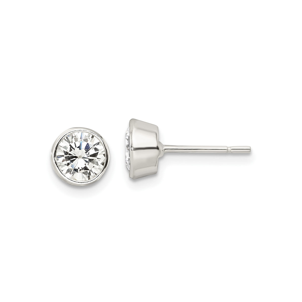 Sterling Silver Stud Earrings with Bezel Set Round Cubic Zirconia, Minimalist Lightweight Design
