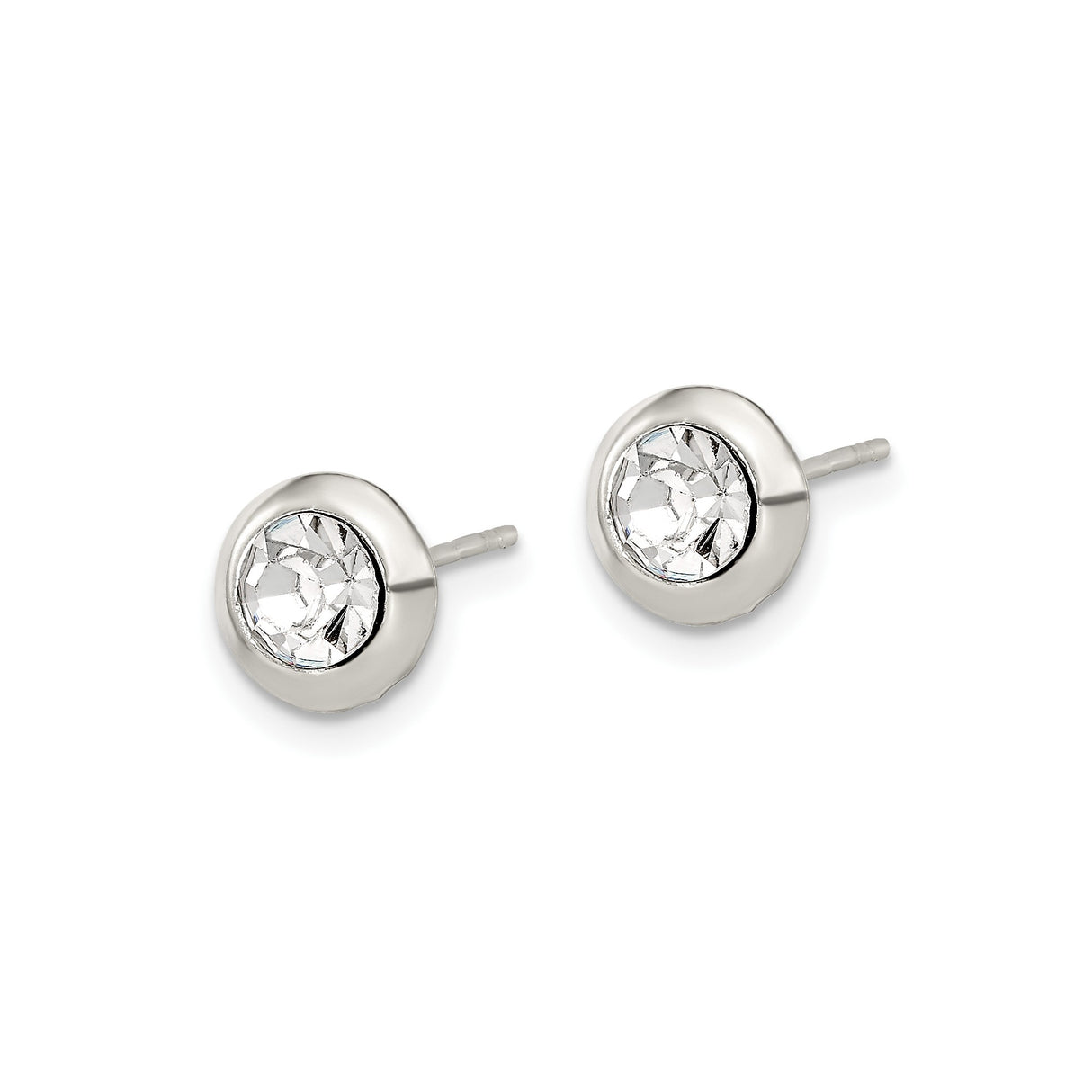 Sterling Silver Stud Earrings with Round Cubic Zirconia in Bezel Setting, Minimalist Design