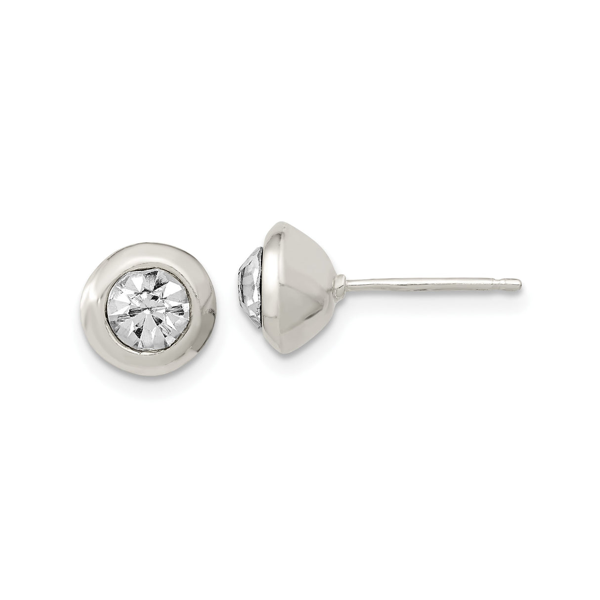 Sterling Silver Stud Earrings with Round Cubic Zirconia in Bezel Setting, Minimalist Design