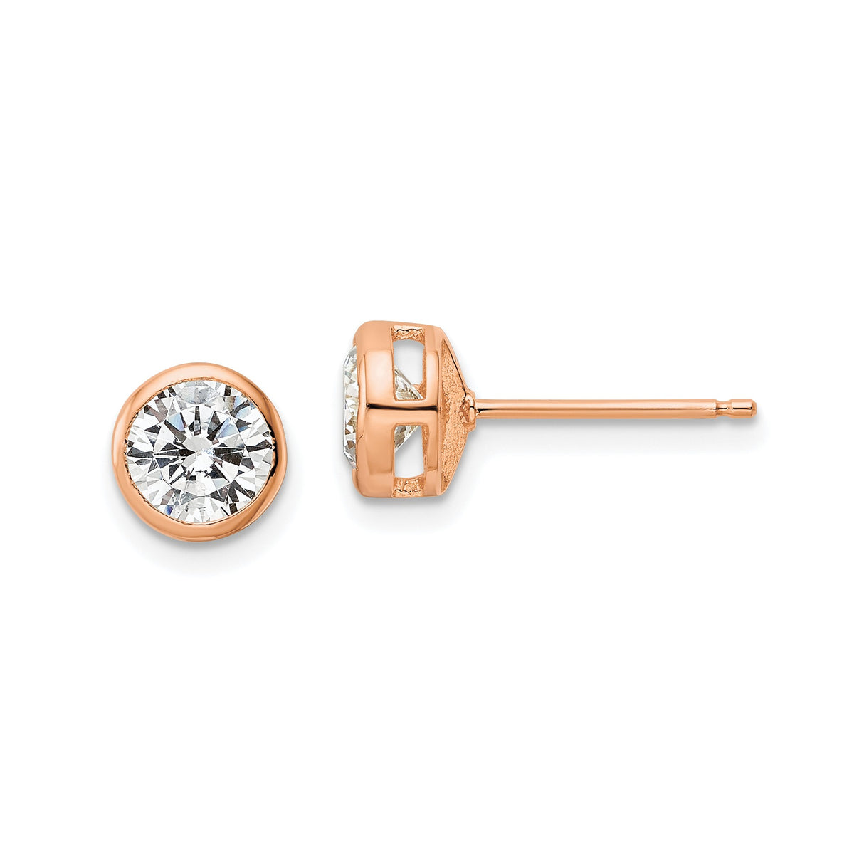 Sterling Silver Stud Earrings with Cubic Zirconia, Rose Gold Plated Bezel Set Round Minimalist Design