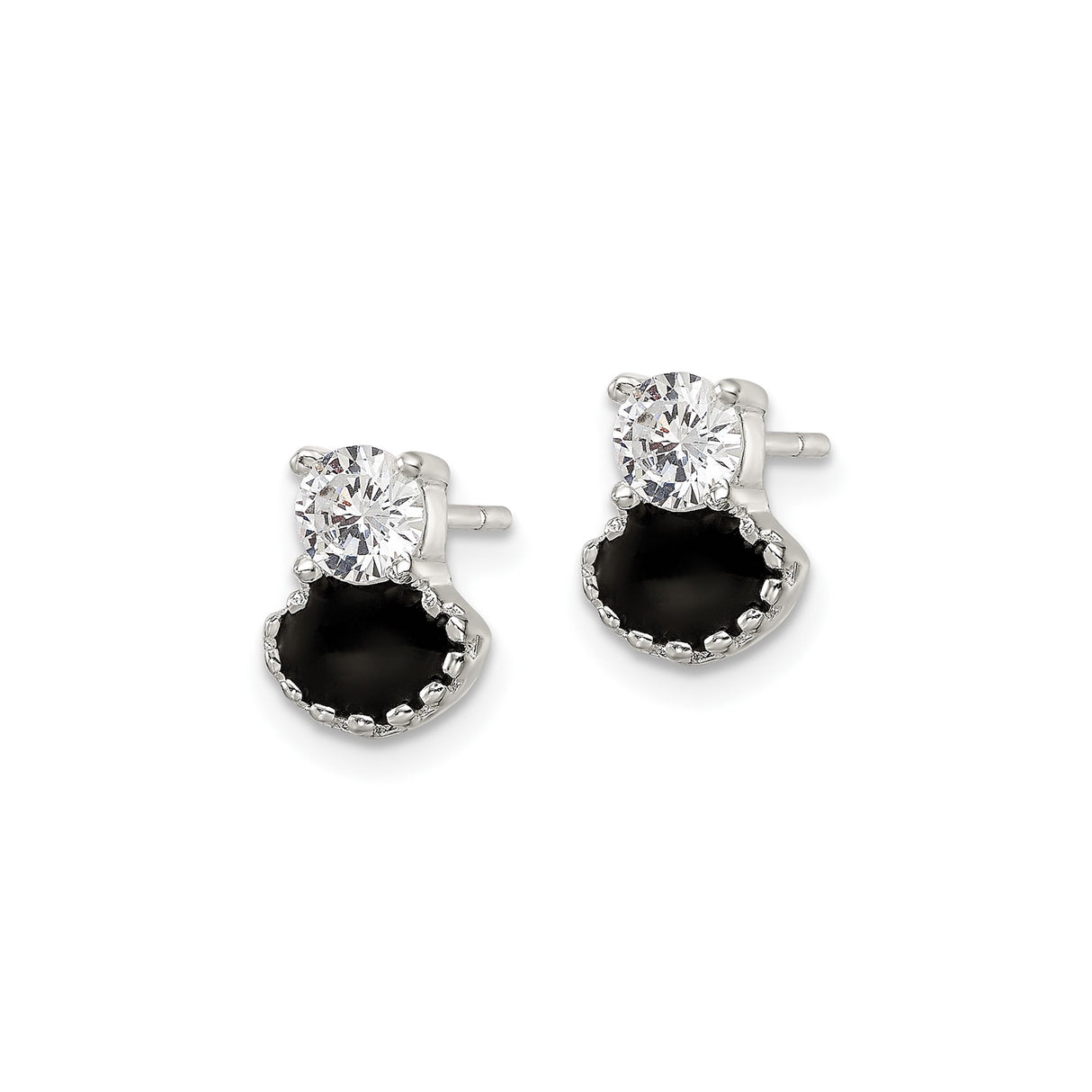 Sterling Silver Cat Stud Earrings with Black Enamel and Cubic Zirconia Silhouette Design