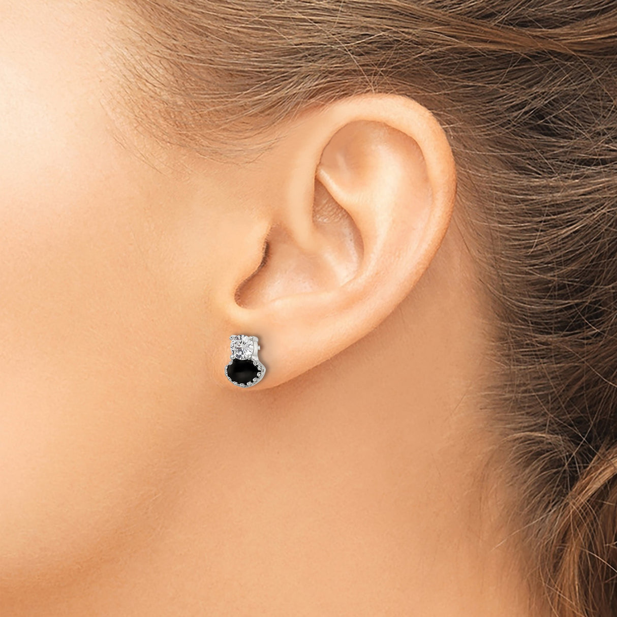 Sterling Silver Cat Stud Earrings with Black Enamel and Cubic Zirconia Silhouette Design