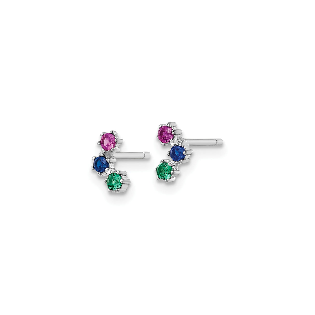 Sterling Silver Stud Earrings with Cubic Zirconia in Pink, Blue, and Green Vertical Arc Design
