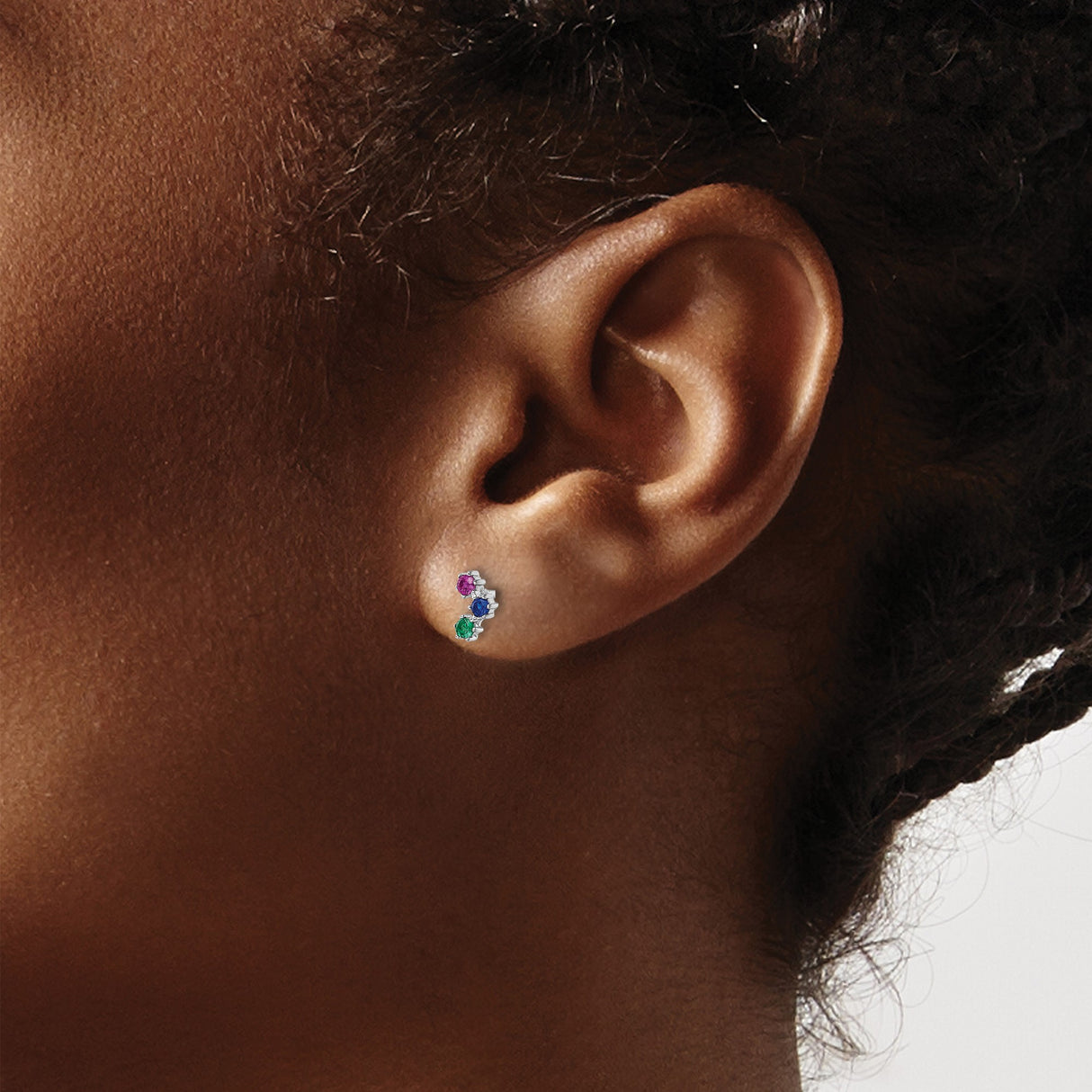 Sterling Silver Stud Earrings with Cubic Zirconia in Pink, Blue, and Green Vertical Arc Design